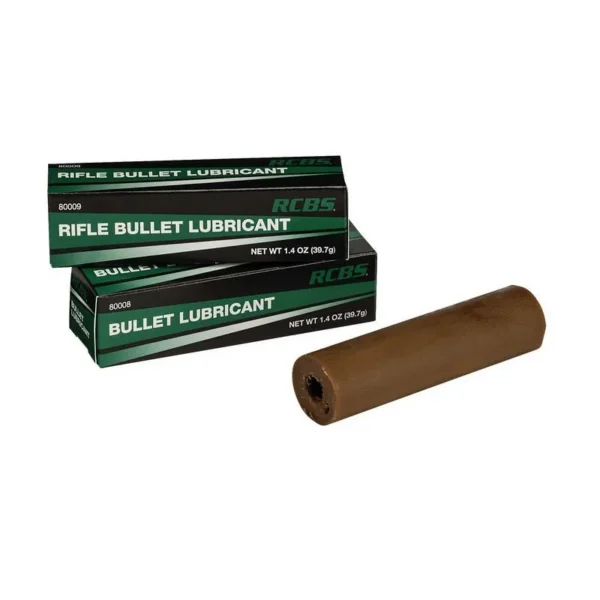 RCBS Bullet Lubricant for rifles, brown lubricant stick beside two green retail boxes