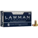CCI Speer Lawman Cleanfire handgun ammunition box with two brass cartridges