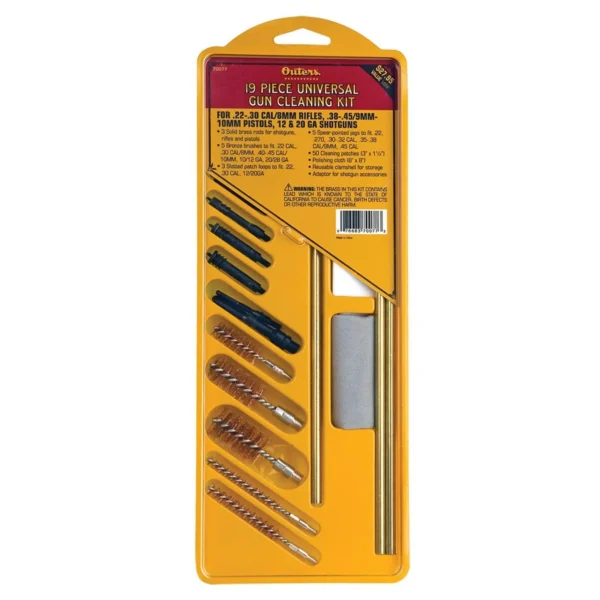 Outers 19 Piece Universal Gun Cleaning Kit in orange retail packaging with rods, brushes and accessories