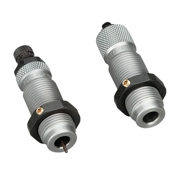 RCBS Full Length Rifle Die Set, two silver threaded dies with black locking rings