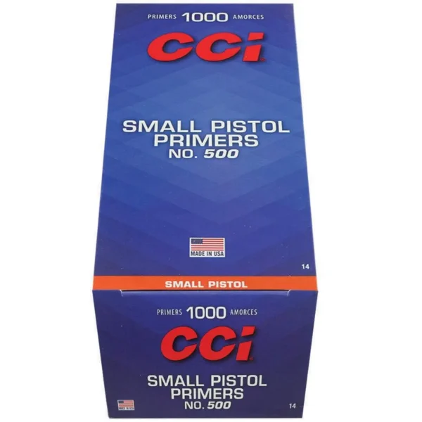CCI Standard Primers #500 Small Pistol, front view of two stacked blue and red boxes