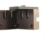 RCBS Round Nose Pistol Bullet Mould, open front view of black double-cavity mould with loose bullet