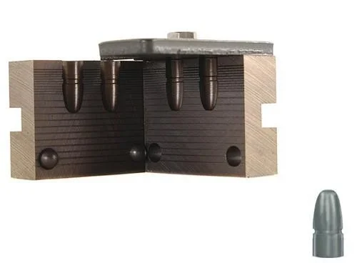 RCBS Round Nose Pistol Bullet Mould, open front view of black double-cavity mould with loose bullet