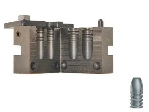 RCBS Flat Nose Rifle Bullet Mould, open grey metal mould with a cast bullet beside it