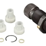 RCBS Bullet Feed Die black threaded die with white feed fingers, rings and washers