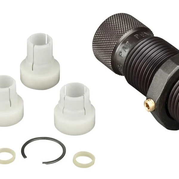 RCBS Bullet Feed Die black threaded die with white feed fingers, rings and washers