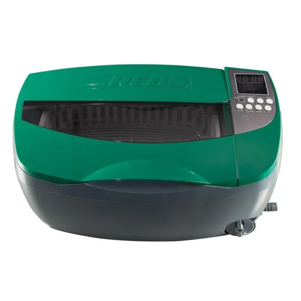 RCBS Ultrasonic Case Cleaner, angled front view in green and black with lid and control panel