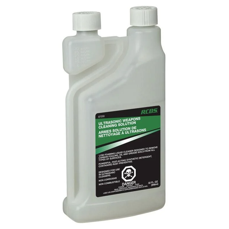 primary-29205 RCBS Ultrasonic Weapons Cleaning Solution, front view of translucent twin-neck bottle