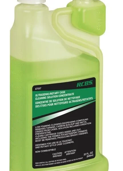 RCBS case cleaning solution concentrate in translucent green dual-neck bottle, front view