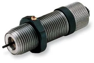 RCBS Lube Die #1, silver threaded die angled view with knurled cap and black locking ring