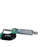 RCBS Vernier Ball Micrometer, side view with silver barrel, black frame and green accents