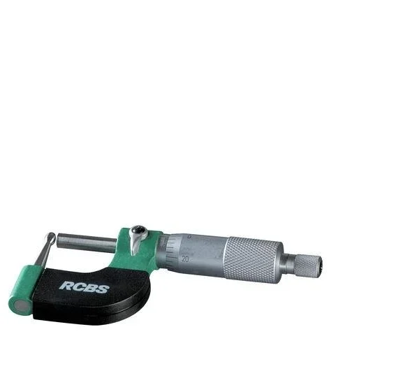 RCBS Vernier Ball Micrometer, side view with silver barrel, black frame and green accents
