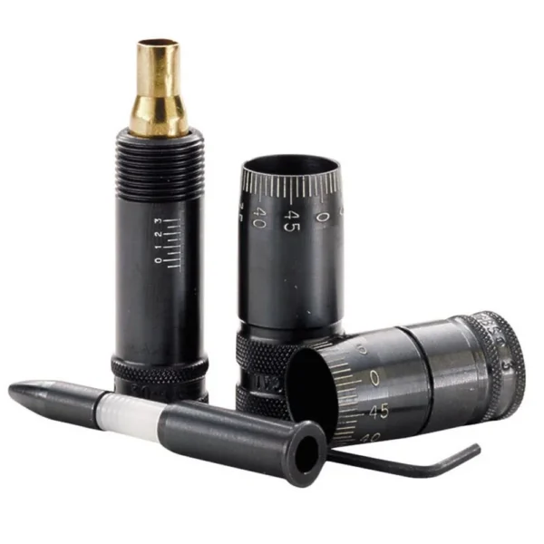 RCBS Precision Micrometer, black components with white markings and brass insert, angled view