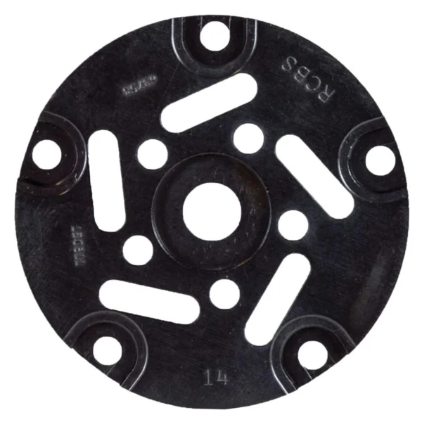 RCBS Pro Chucker 5 Shell Plate #14, black top view with circular holes and elongated slots