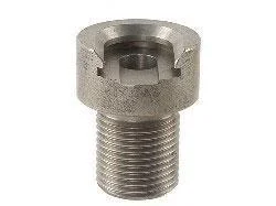 RCBS AmmoMaster .50 BMG Shell Holder, silver angled view with threaded base