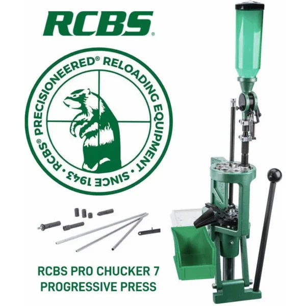 RCBS Pro Chucker 7 Progressive Press, green press with clear green hopper, handle and small parts