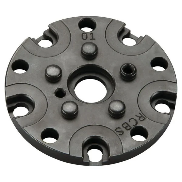 RCBS AmmoMaster/Piggyback Shell Plate #10 black circular plate, top view with multiple holes