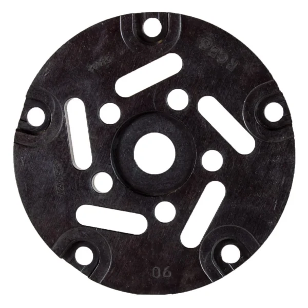 RCBS Pro Chucker 5 Shell Plate #10, top view of round black plate with multiple slots and holes