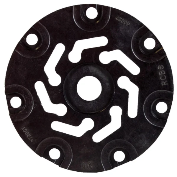 RCBS Pro Chucker 7 Shell Plate #6 in black, top view with central opening and seven recesses