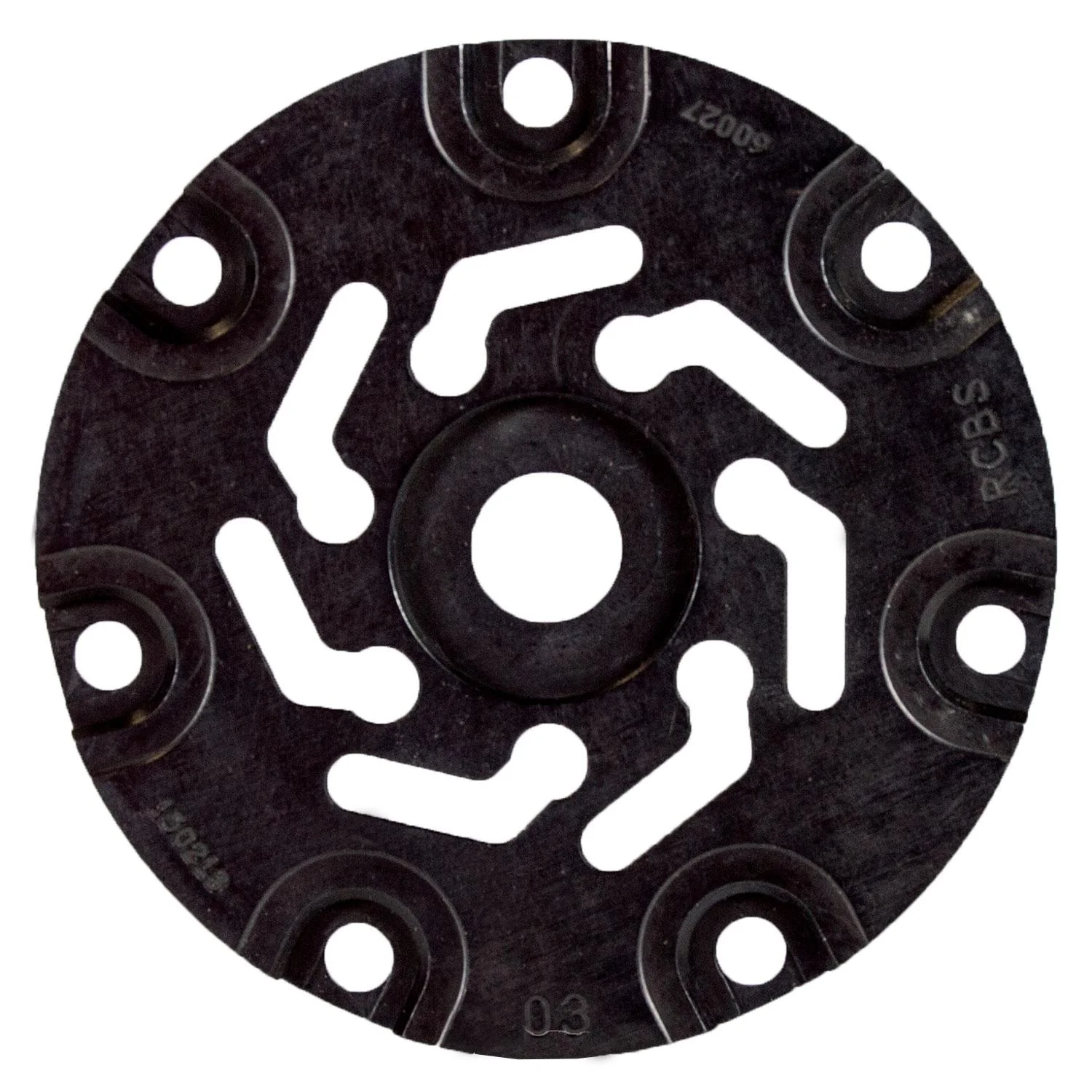 primary-29352 RCBS Pro Chucker 7 Shell Plate #16, black top view with central hole and curved cutouts