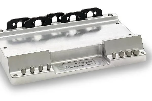 RCBS Case Trimmer Stand, silver angled view with black holders and mounting holes