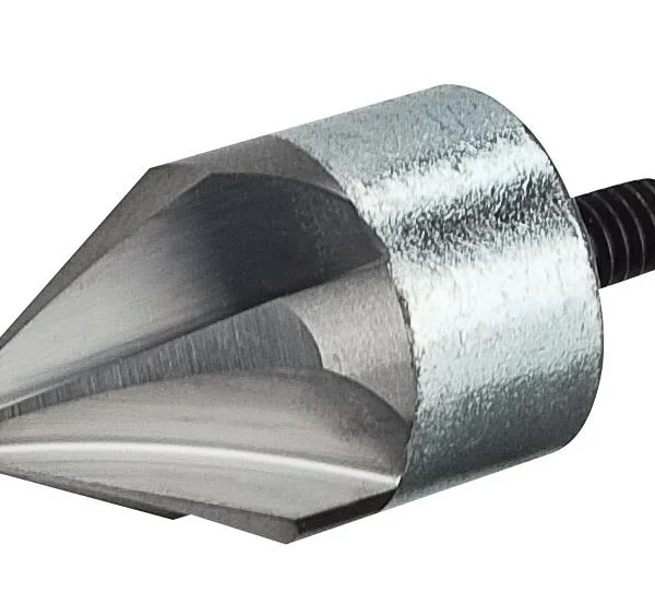 RCBS Trim Mate carbide deburring tool, angled view with silver fluted head and threaded shank