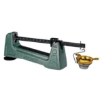 RCBS M500 Mechanical Scale, green side view with black balance beam and brass pan