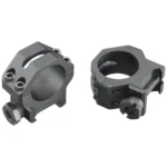 Weaver 4-Hole Tactical black scope rings, angled view showing two rings and mounting screws
