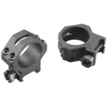 Weaver 4-Hole Tactical Scope Rings pair of matte black rings in angled views with mounting knobs