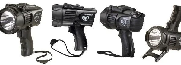 Streamlight Waypoint Spotlight, black handheld spotlight shown from four angles with wrist straps