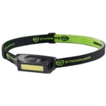 Streamlight Bandit Pro black headlamp, front view with green and black adjustable headband