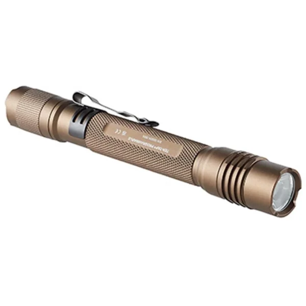 Streamlight ProTac 2AA-X flashlight, coyote brown angled side view with pocket clip and round lens