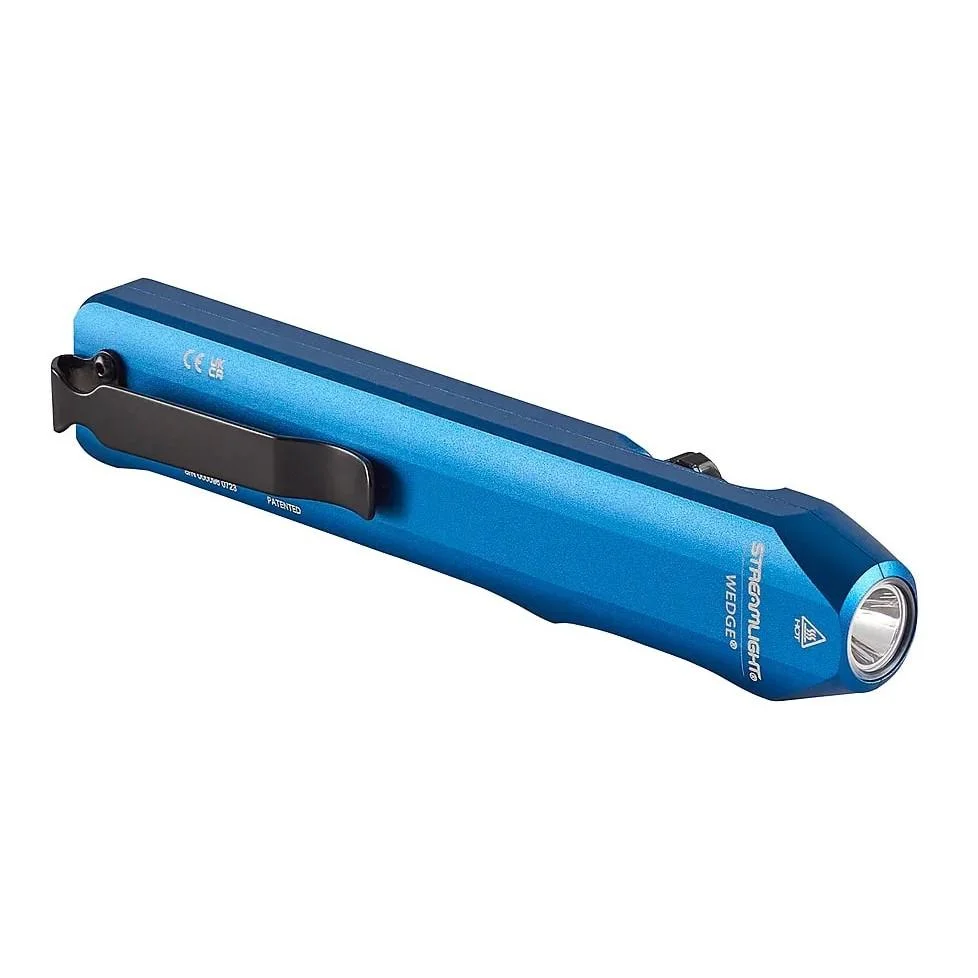 primary-29497 Streamlight Wedge Slim Everyday Carry Flashlight, blue angled view with black clip and silver lens
