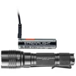 Streamlight Protac HL-X, black flashlight side view with USB battery and charging cable