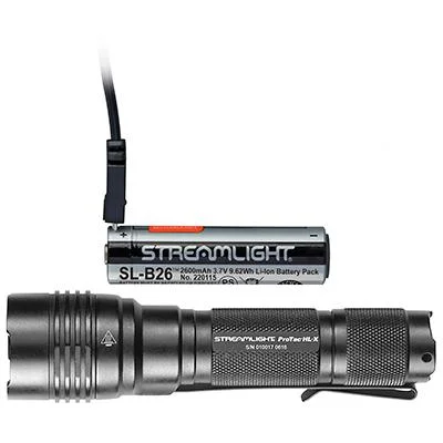 Streamlight Protac HL-X, black flashlight side view with USB battery and charging cable