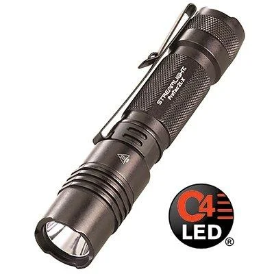 Streamlight ProTac 2L-X USB LED Flashlight, black angled view with pocket clip and front lens