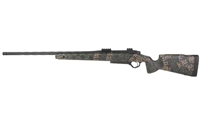 Seekins HAVAK PH3, side view with camouflage stock, dark barrel and scope rail
