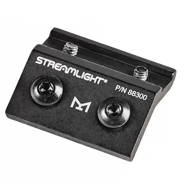 Streamlight M-LOK weapon light mount, angled top view in black with mounting screws