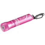 Streamlight BCRF Nano Light II, pink cylindrical flashlight with clip, angled side view