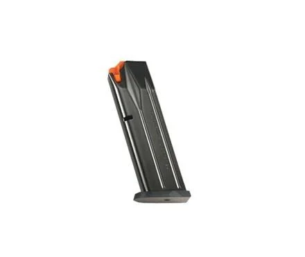 Beretta Factory PX4 Compact black steel magazine, angled side view with orange follower