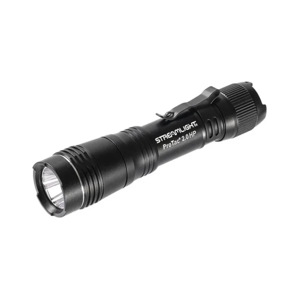 Streamlight Protac 2.0 HP black flashlight, angled side view with flared bezel and pocket clip