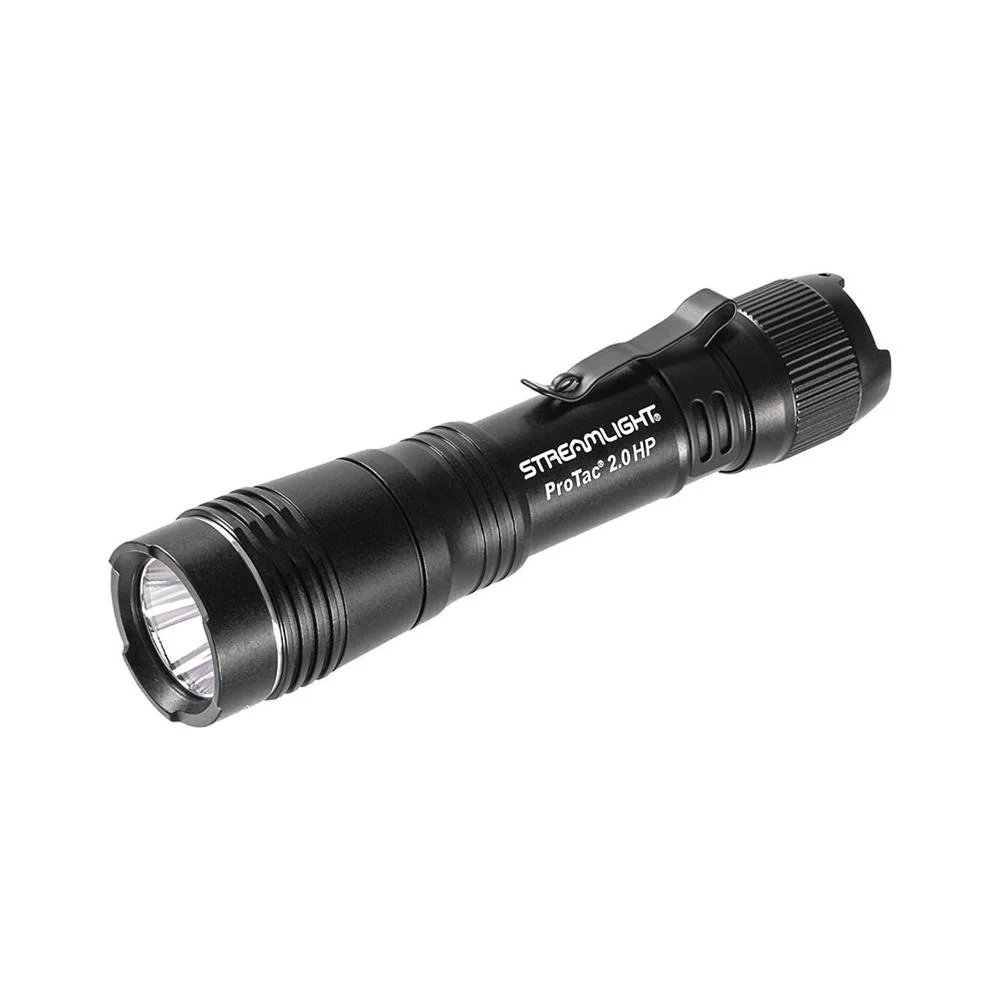 primary-29567 Streamlight Protac 2.0 HP black flashlight, angled side view with flared bezel and pocket clip