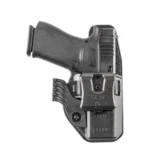 Fobus holster for Glock 43/43x/43x MOS, black front view holding a pistol with paddle and clip