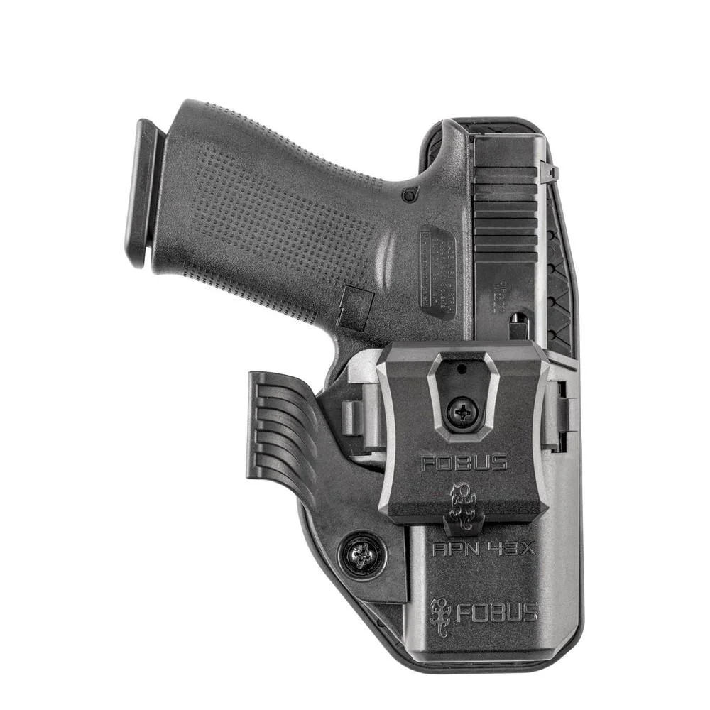 primary-29571 Fobus holster for Glock 43/43x/43x MOS, black front view holding a pistol with paddle and clip