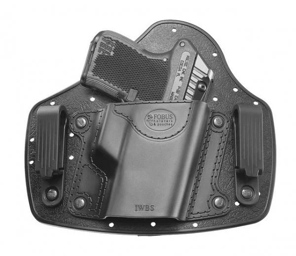 primary-29573 Fobus Universal Small Frame Inside the Waist Band Holster, black holster with handgun inserted