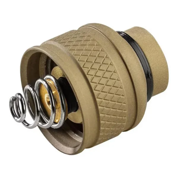 SureFire Replacement Rear Cap Assembly for Scout Light, tan angled view with knurled rim and spring