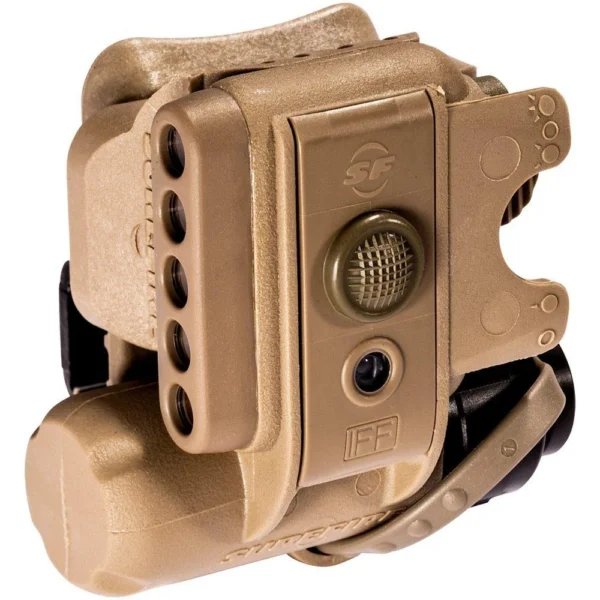 Surefire HL1 Helmet Light in tan, front three-quarter view with mounting hardware