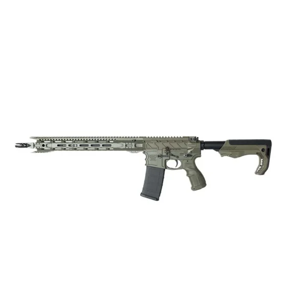 Fostech Stealth Raptor Rifle side view in OD green with ventilated rail, magazine and adjustable stock