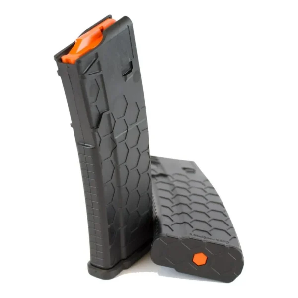 Sentry Hexmag Series 2 black rifle magazines, angled views with orange followers