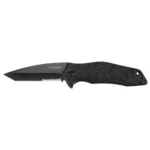 Kershaw Kuro Folding Knife, left-side view open with black tanto blade and serrated edge